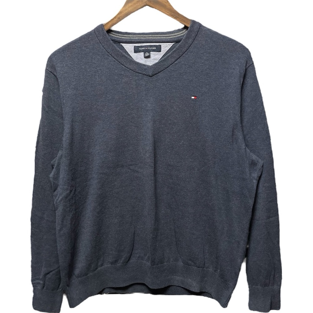 navy blue Tommy Hilfiger V-neck long sleeve small logo formal casual sweater